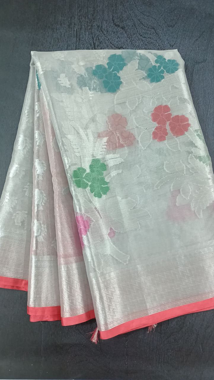 Pure Tissue Silver Saree with Multicolor Weaving & Contrast Peach Pallu | Designer Saree