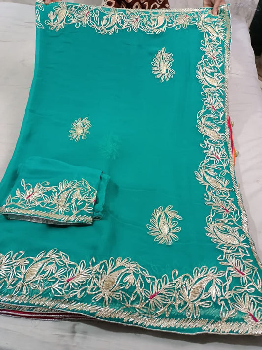 Pure Chiffon Charkhi Gota Work Saree with Pure Crepe Blouse | Elegant Ethnic Wear