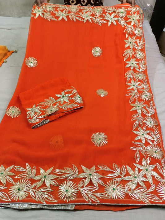 Pure Chiffon Charkhi Gota Work Saree with Pure Crepe Blouse | Elegant Ethnic Wear