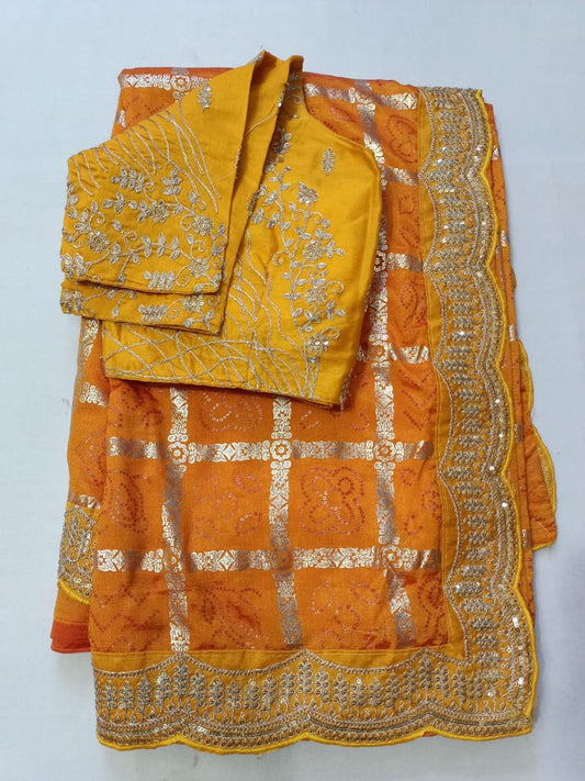 Dola Silk Saree with Ghathola print & Stitched Sequin Work Blouse | Festive Wear