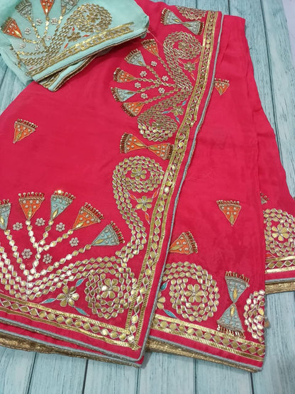 Pure Crepe Saree with Zero Gota Patti, Pearl & Zardosi Handwork | Wedding & Festive Wear