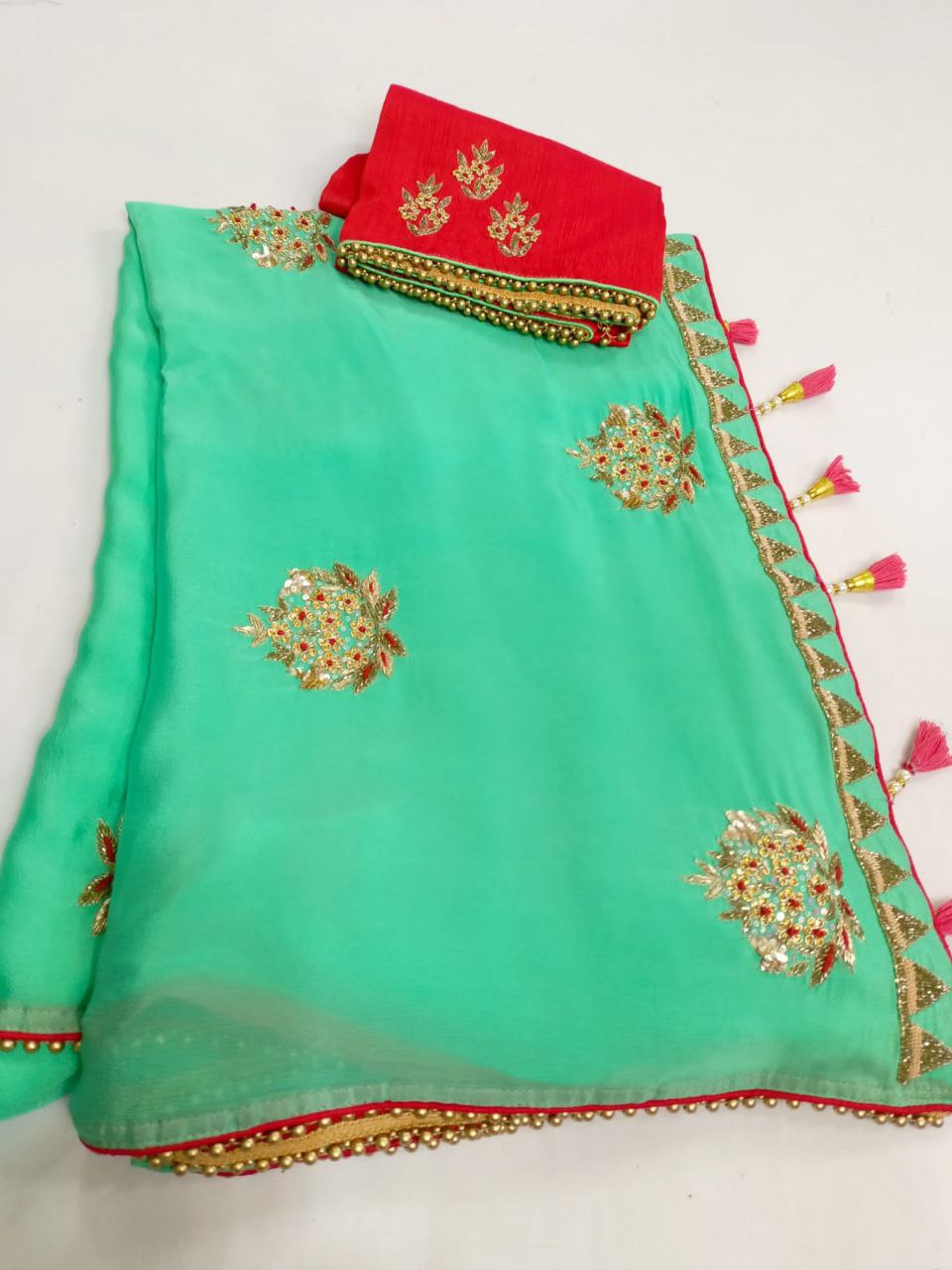 Pure Crepe Saree with Zardosi, Pearl & Thread Work | Raw Silk Blouse