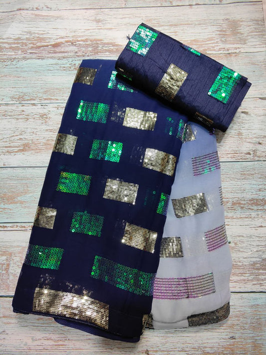 Blue Grey Shading Sequin Saree with Multi-Color Box Work | Party Wear Designer Saree