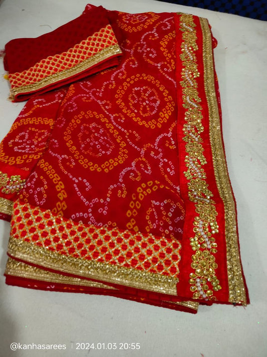 Red Bandhani Printed Traditional Saree | Seymour Brand with Kundan & Zari Border + Blouse