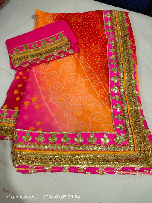 Multi-Color Bandhani Print Saree with Gota Work Border | Dhupion Silk Contrast Blouse