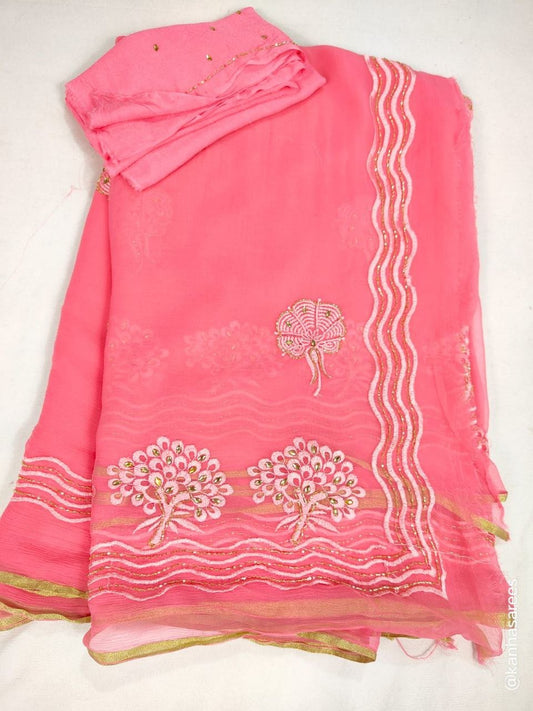 Pink Pure Chiffon Saree with Embroidery, Kundan, Kardhana Border | Pure Crepe Blouse