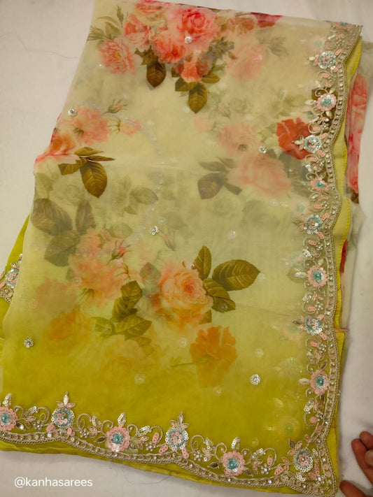 Pure Soft Organza Saree with Digital Print, Sequin Thread Work & Raw Silk Handwork Blouse