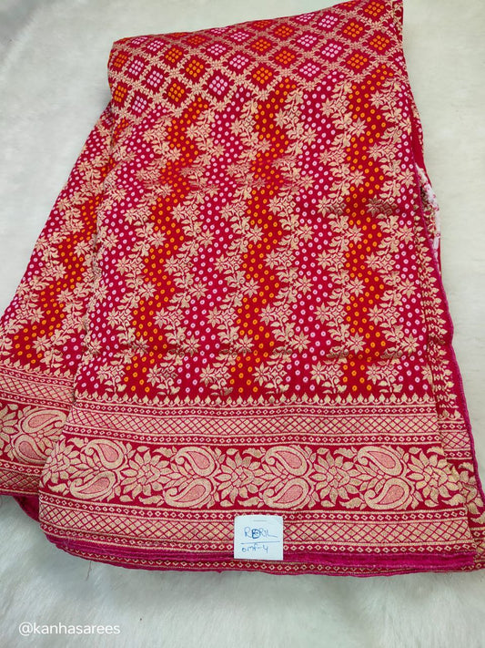 Pure Georgette Bandhani Weaving Ghatchola Saree with Zari Work & Banarasi Border Blouse