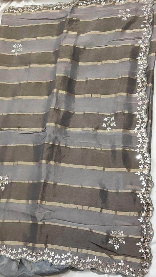 Tissue Silk Grey Shading Saree with Mirror Gota, Kardhana Pipe & Stone Work | Partywear