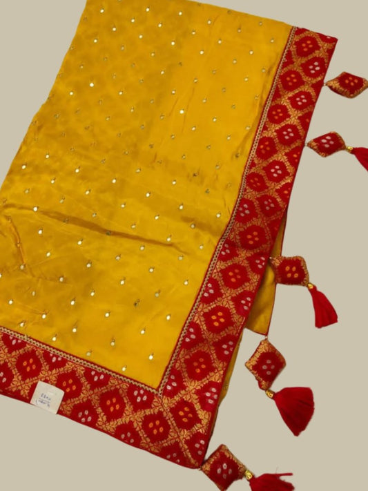 Pure Silk Mustard Saree with Bandhani Border & Georgette Ghatchola Blouse | Tikki Handwork