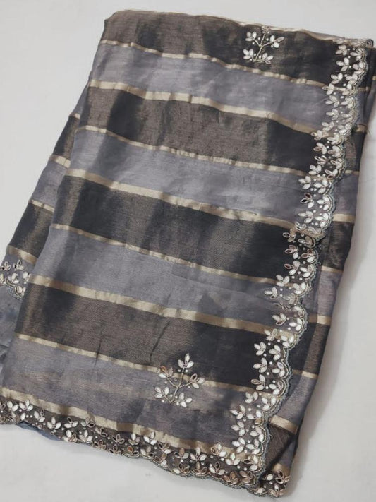 Tissue Silk Grey Shading Saree with Mirror Gota, Kardhana Pipe & Stone Work | Partywear