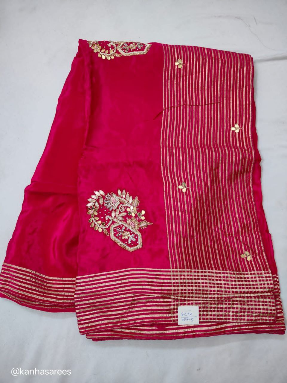 Rani Pink Pure Dola Silk Saree with Gota Handwork, Zari Lines Border & Buties