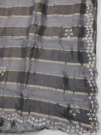 Tissue Silk Grey Shading Saree with Mirror Gota, Kardhana Pipe & Stone Work | Partywear