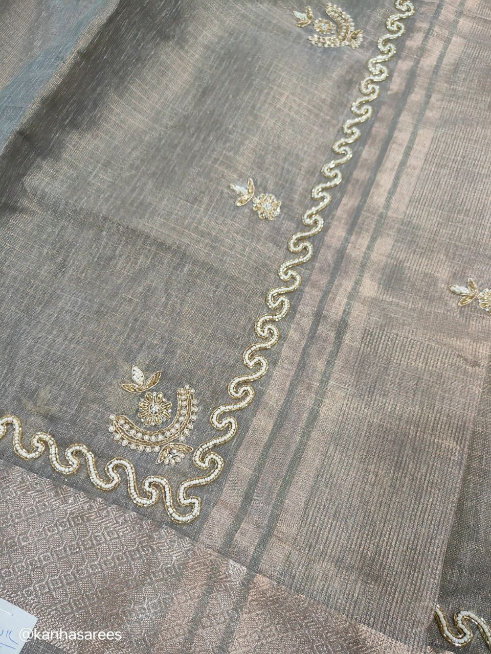 Grey Tissue Silk Saree with Moti Zardosi Handwork & Buties | Designer Tissue Checks Saree