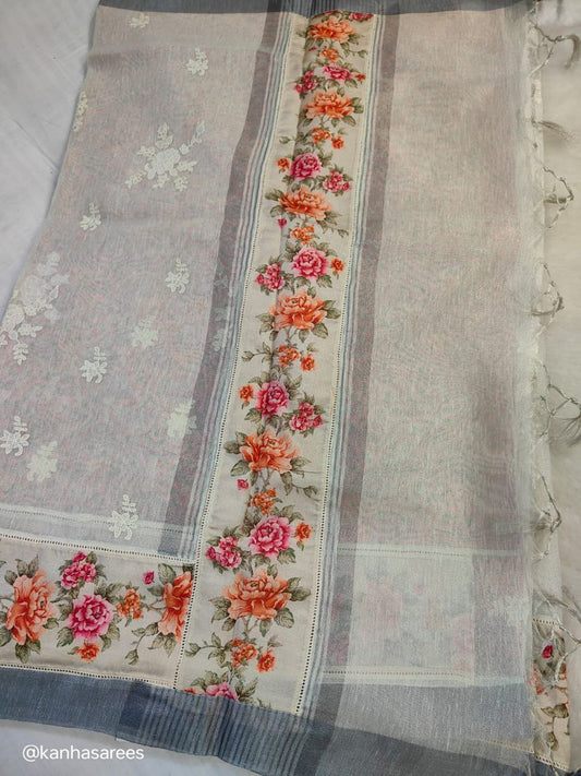 Off-White Tissue Saree with Digital Print Border & Thread Work Buties | Graceful Designer Saree