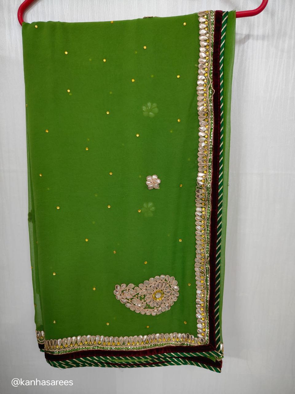 Pure Georgette Mehendi Green Saree with Gotapatti Handwork & Velvet Stone Work Border