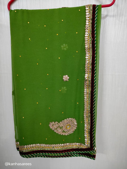 Pure Georgette Mehendi Green Saree with Gotapatti Handwork & Velvet Stone Work Border