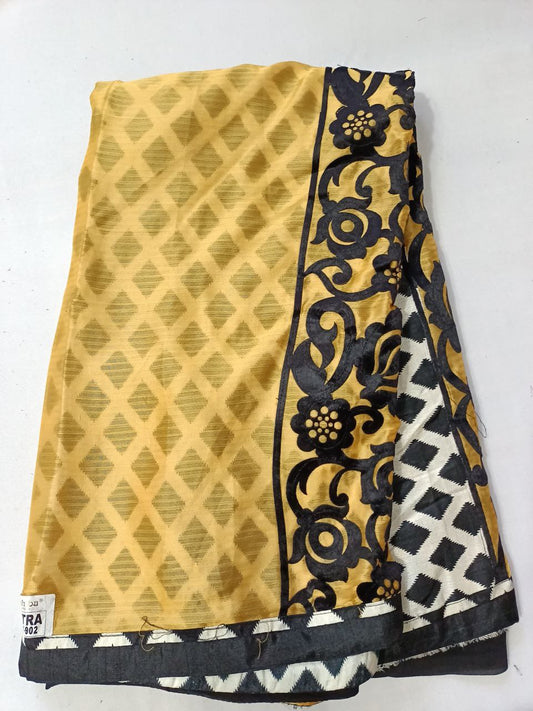 Designer Fancy Soft georgette Saree with Yellow Palla & Black Printed Wrapping | Modern Saree