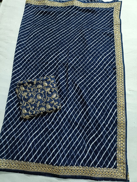 Blue Laheriya Georgette Saree with Sequin Border & Heavy Designer Blouse – Timeless Elegance