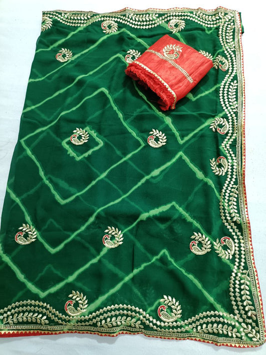 Green Georgette Laheriya Saree with Peacock Gota Work & Contrast Red Blouse - Kanhasarees by ksds