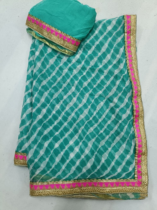Pure Chiffon Hand-Dyed Laheriya Saree with Border & Matching Blouse