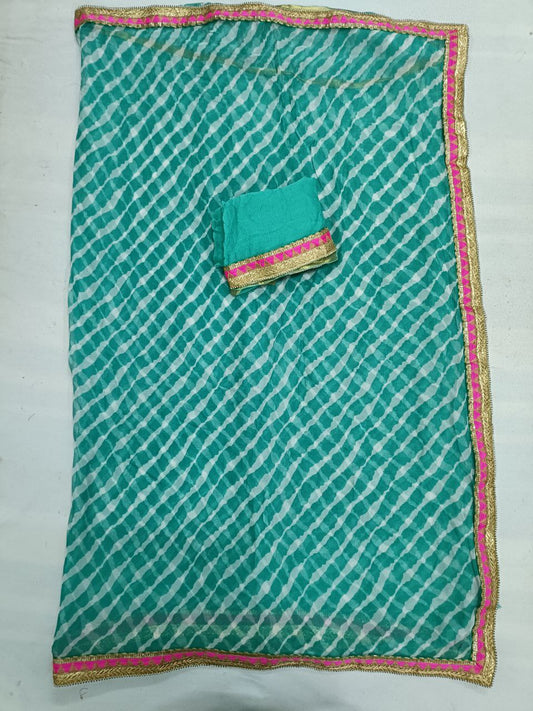 Pure Chiffon Hand-Dyed Laheriya Saree with Border & Matching Blouse - Kanhasarees by ksds