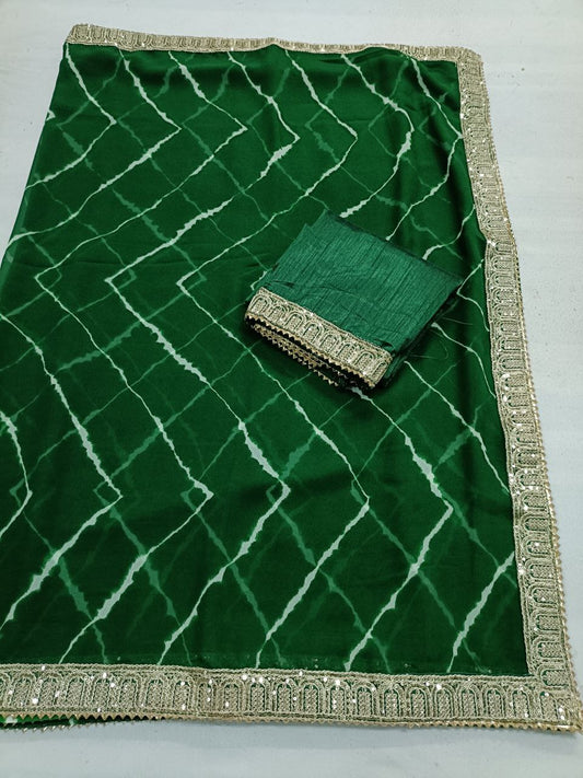 Green Georgette Zigzag Laheriya Saree with Sequin Border & Raw Silk Blouse