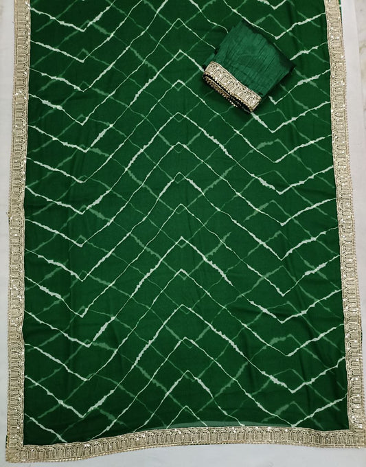 Green Georgette Zigzag Laheriya Saree with Sequin Border & Raw Silk Blouse - Kanhasarees by ksds