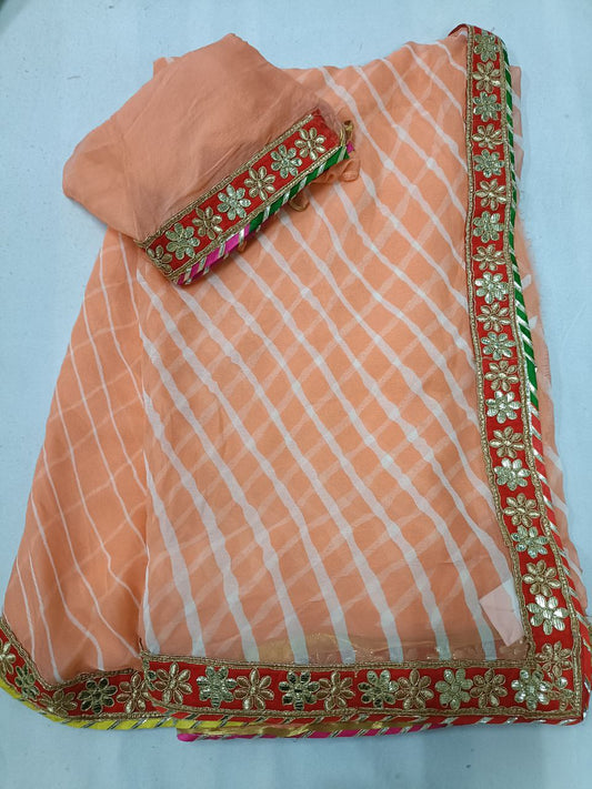 Peach Pure Chiffon Hand-Dyed Laheriya Saree with Gota Work Border & Blouse