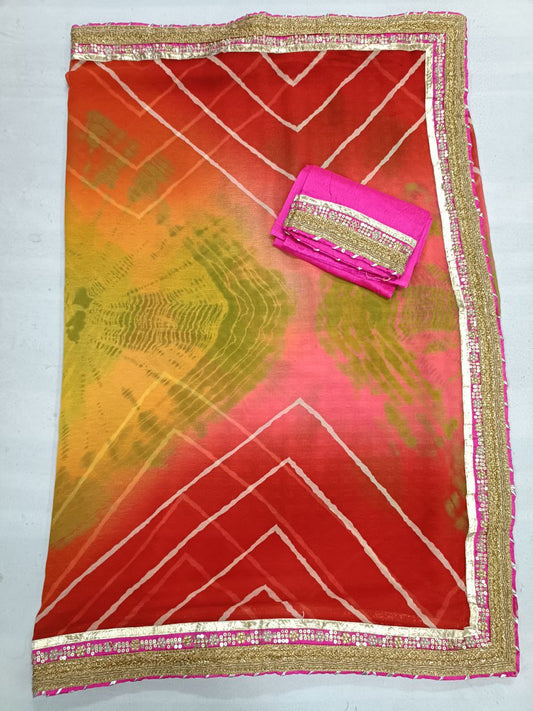 Marble Georgette Shibori Dyed Saree with Gota Border & Rani Dhupion Silk Blouse