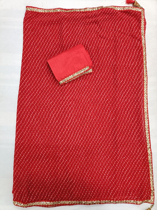 Red Georgette Mothda Saree with Sequin Border & Raw Silk Blouse - Kanhasarees by ksds