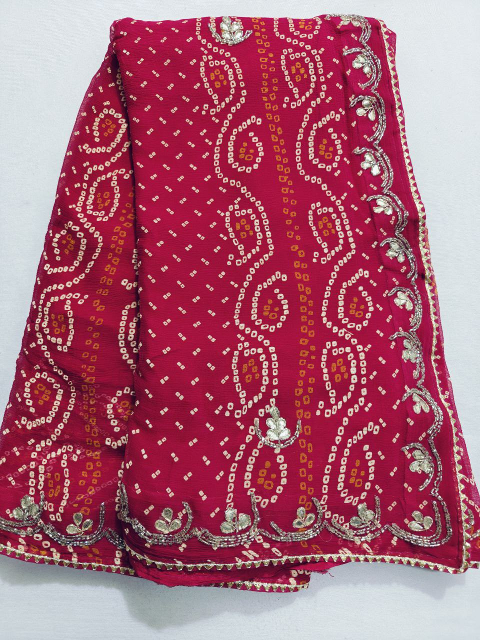 Pure Diamond Chiffon Bandhani Gota Patti & Kardhana Handwork Saree - Kanhasarees by ksds