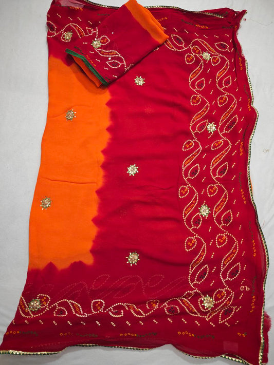 Kanha Sarees Pure Georgette Piliya Bandhani Kundan Saree