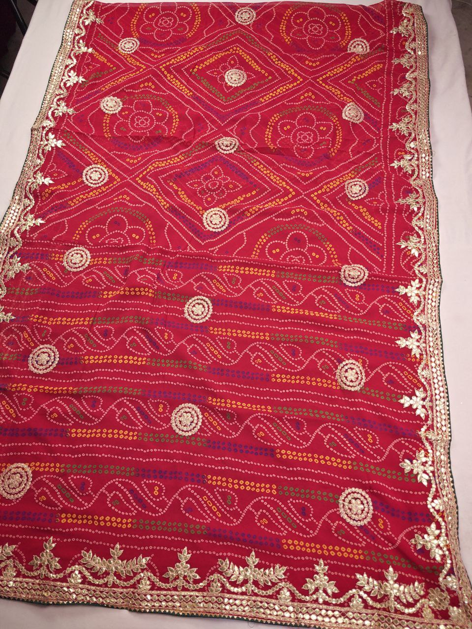 KSDS Georgette Bandhani Gotapatti Saree with Red Running Blouse