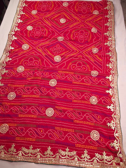 KSDS Georgette Bandhani Gotapatti Saree with Red Running Blouse