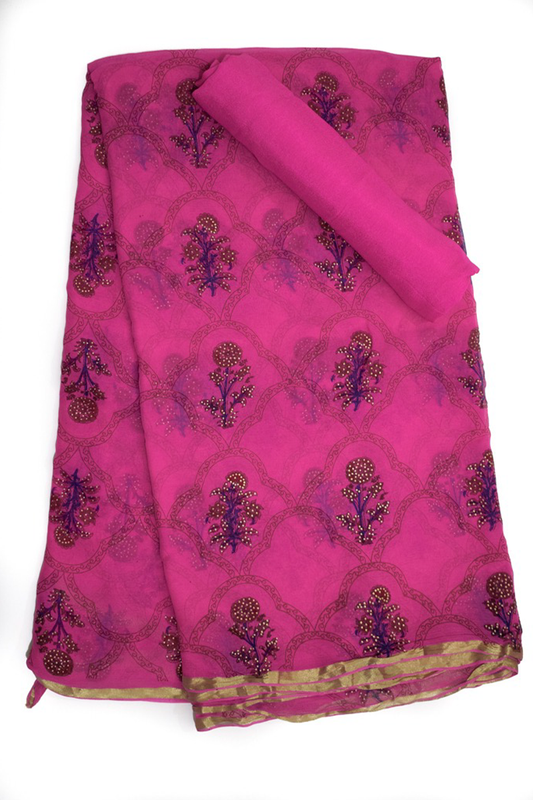 Purple floral Block Print Pure Chiffon Saree - KANHASAREE