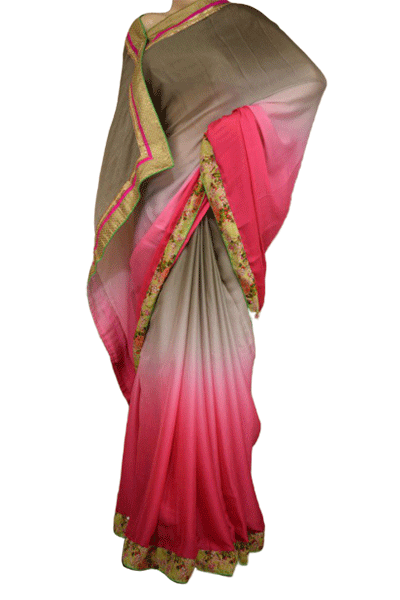 Pink Gray Crepe Designer Saree - KANHASAREE