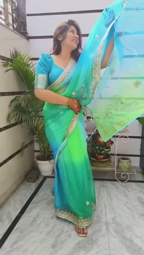 Buy JR SAREES Women's Organza GOTA PATTI EMBROIDERED WORK Saree With SATIN  BANGALORI Blouse Piece SKY BLUE at Amazon.in