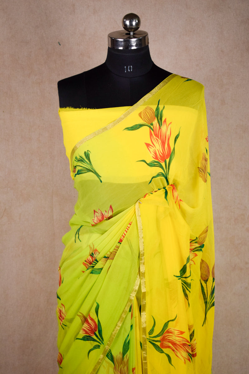 Off White Pure Chiffon Floral Print Sarees For Girls