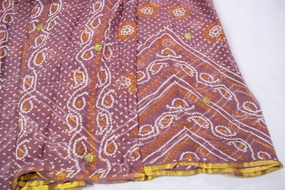 Wine colour pure chiffon bandhani saree with kundan work buti - KANHASAREE