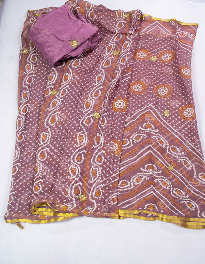 Wine colour pure chiffon bandhani saree with kundan work buti - KANHASAREE