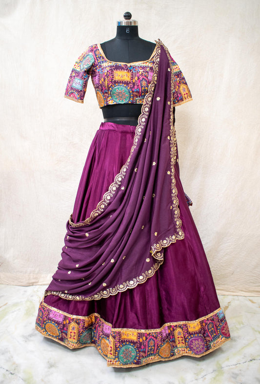 royal purple silk bridal lehenga choli full front view with dupatta