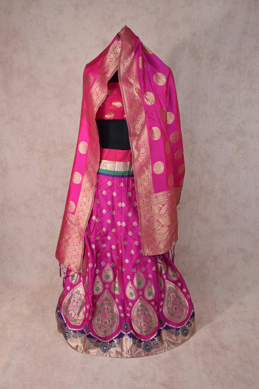 Beautiful Banarsi silk lehenga in hot pink with banarsi silk dupatta - KANHASAREE