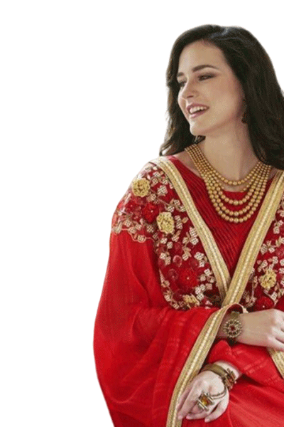 Designer Red Saree with Flower Work - KANHASAREE