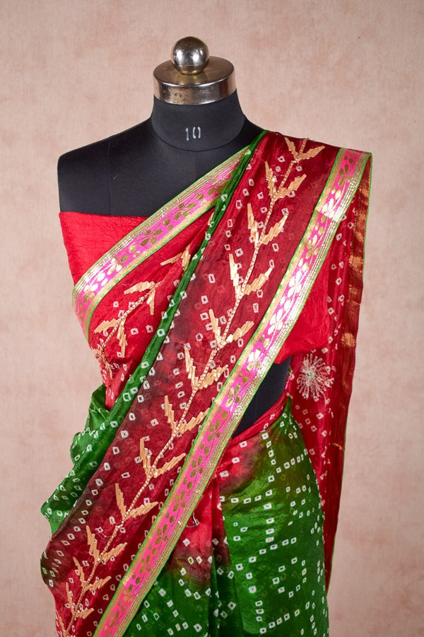 Red green combination bandhani saree - KANHASAREE