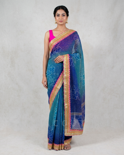 Georgette Bandhani Saree with Unstitched Blouse – Pink & Blue
