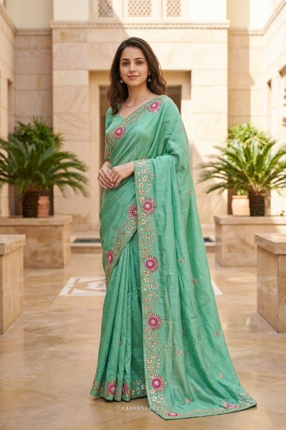 Pure Silk Handwork Light Green Saree with Unstitched Blouse Piece