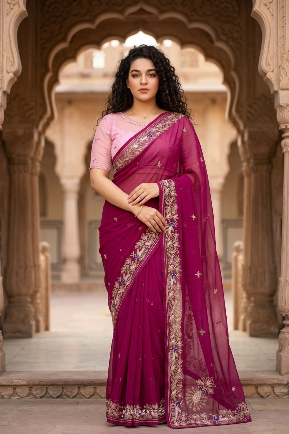Full view of the elegant deep pink Nazneen chiffon saree with intricate handwork embroidery.