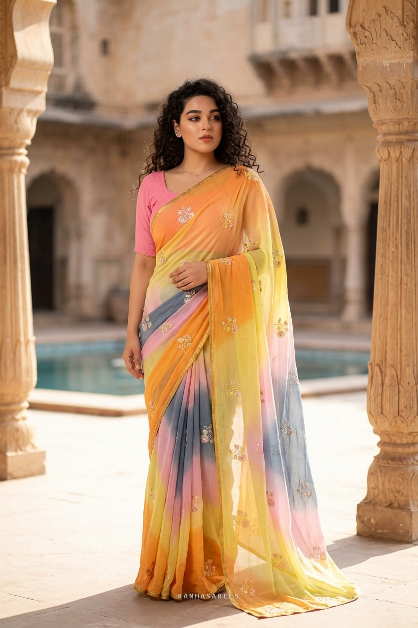 Pure Diamond Chiffon Handwork Saree with Pink & Yellow Border