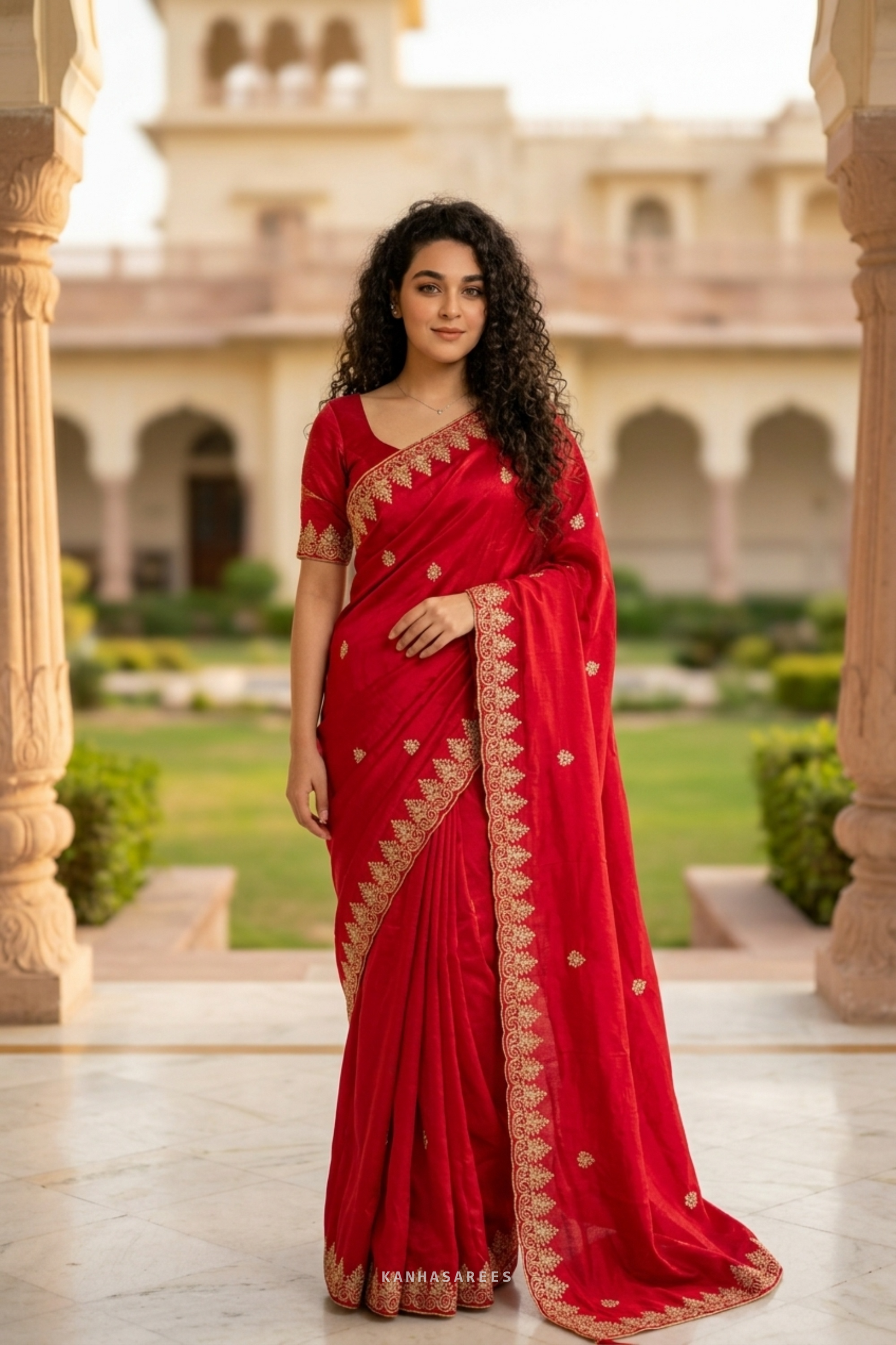 Display of the traditional red art silk saree.